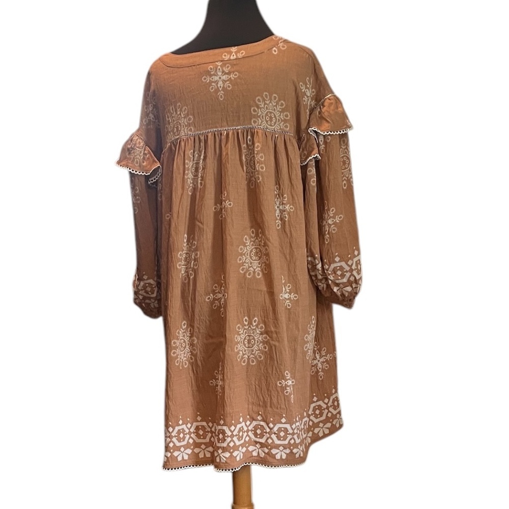 GIGIO BROWN WHITE FLORAL SIZE MEDIUM QUARTER BALLOON‎ SLEEVES DRESS, NWOT - Picture 4 of 8